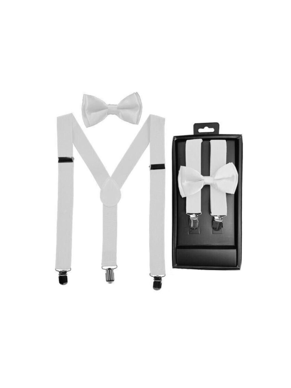 Elastic & Adjustable Suspender & Bow Tie Set for Boys Girls Children - White